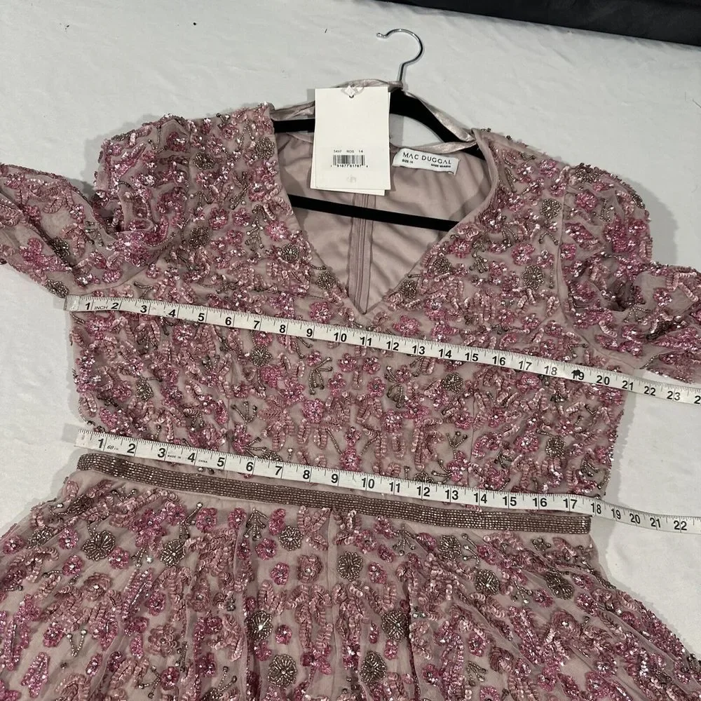 NWT $798 Mac Duggal [ 14 ] Embellished V Neck 3/4 Sleeve A Line Gown Rose #G1761 - Picture 4 of 16